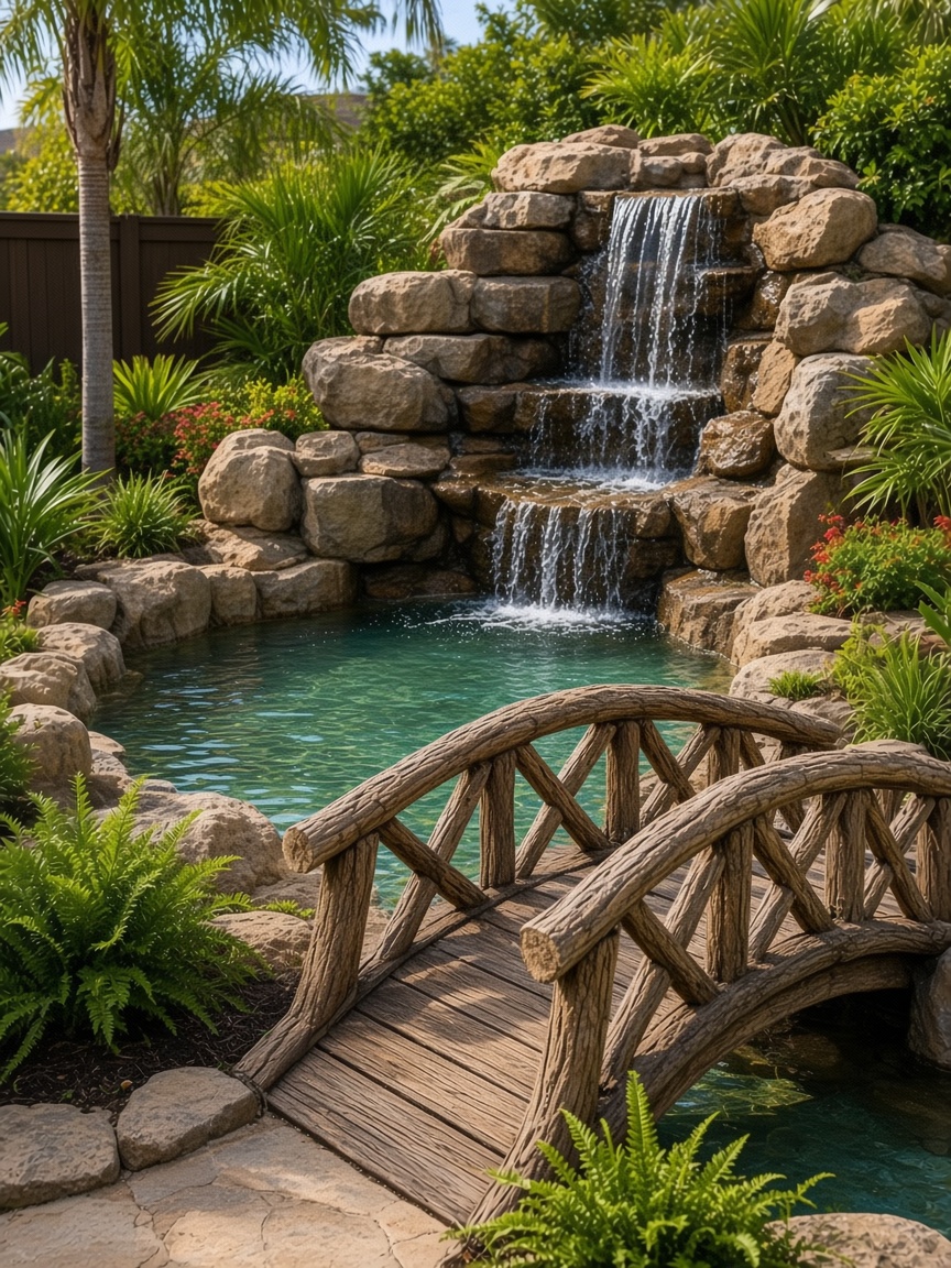 Stacked rock waterfall falling into a tropical pond